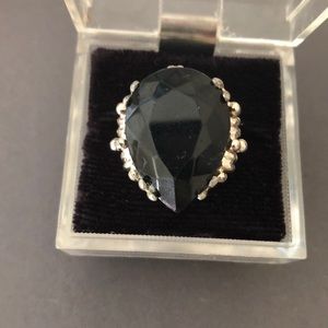 Vintage Black Cocktail Ring Large Stone Silver Carved Setting Adjustable size!